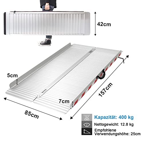 LIEKUMM Rollstuhlrampe 157 cm, 85 cm Verbreitert Rollstuhlrampe für Treppen, 400 kg Tragkraft Aluminium Rampe für Rollstuhl, Stufen, Bordsteine, Schwellenrampe für Elektro-Rollstuhl, Kinderwagen – Bild 3