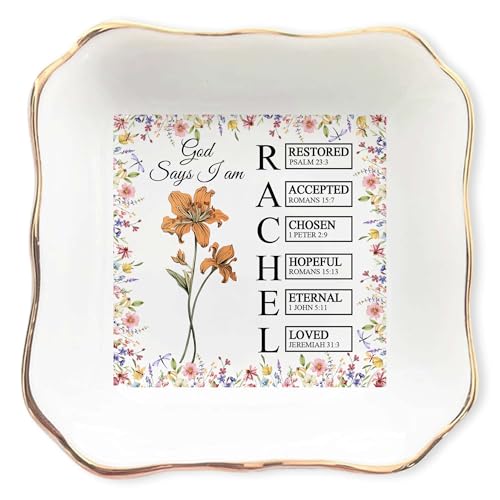 ZISOL26HZ Personalized Floral God Says I Am Name Letter In Bible Verse Jewelry Dish - Custom Birth Flower Jewelry Dish - Christian Gift - Religious Affirmations Gifts