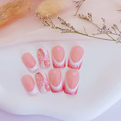 French Tips Press On Nails Square Pink Fake Nails With Butterfly Designs Acrylic Press On Nails Medium False Nails With Heart Glitter Designs Stick On Nails With Glue On Static Nails For Women Girls #TOP6
