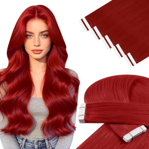 Image of YoungSee Human Hair Tape in Extensions Red 22 Inch Tape in Hair Extensions Human Hair Red Hair Extension Tape Lightweight for DIY Highlights 10pcs 25g