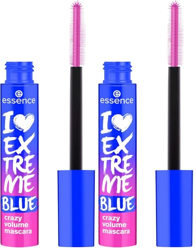 Essence Cosmetics Máscara de pestañas voluminizadora I LOVE EXTREME BLUE crazy volume, de larga duración, curvar, Volumen extremo, color intenso, 12 ml (Paquete de 2)