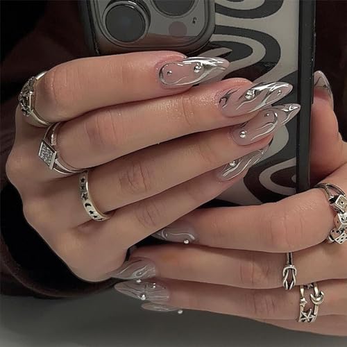 Angwis Lot de 24 faux ongles en forme d'amande - Flamme de feu argentée - Strass à presser - Couverture complète - Accessoires de nail art pour femme