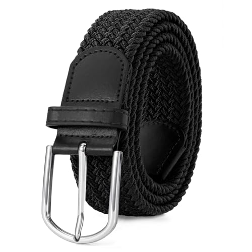 VONMELLI Damen Gürtel Stretchgürtel Damen Herren Elastischer Stoffgürtel Geflochtener Verstellbarer Flechtgürtel mit Goldschnalle für Jeans Hosen Shorts Kleid Schwarz mit silberner Schnalle L