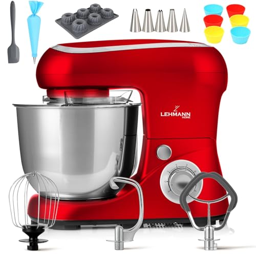 Lehmann Planetarische Küchenmaschine mit Edelstahlschüssel 5 L, Multifunktions Rührgerät 2200 W, 6 Geschwindigkeit Teigmaschine, inkl. Spritzschutzdeckel, Knethaken und Schneebesen (Rot)