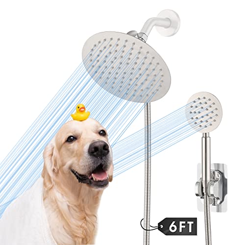 Proox All Metal Round Shower Head With Handheld, High Pressure 8'' Stainless Steel Rain Shower Head Combo With 72 Inch Extra Long Flexible Hose & Smooth 3-Way Diverter - Brushed Nickel #TOP1