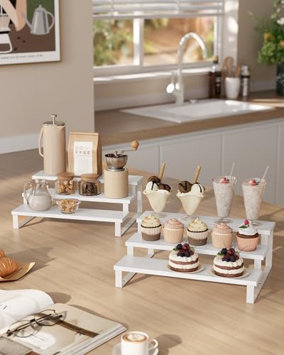 Image of SONGMICS Display Risers, Set of 2 Engineered Wood Perfume Organizer Stand, 3-Tier Cupcake Stand Holder, Spice Rack, Shelf Risers for Figures, Dessert Shelves, Snow White and Cloud White UKCS116W01