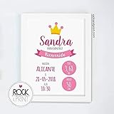  Cuadro bienvenida princesa para datos de nacimiento del bebé. Incluye marco. Elige el color de la lámina. Recuerdo personalizado de natalicio. Regalo original recién nacido.