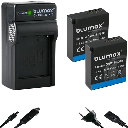 Blumax 2X batería 1025mAh + Cargador Fuente de alimentación reemplaza Panasonic DMW-BLG10 e Compatible con Lumix DC GX9 TZ202 TZ91 DMC TZ101 TZ81 GF6 GX7 GX80 LX100 G110