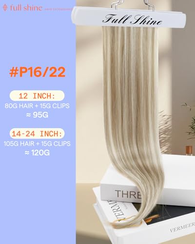 Image of Full Shine Clip in Hair Extensions Blonde Highlights | Real Hair Extensions Clip in Human Hair, Color 16P22 Golden Blonde Highlighted, Straight, Full Head, 7 Pcs 22 Inch 120g