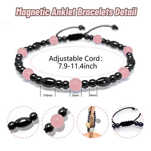 Image of Hion 2 Pack Magnetic Therapy Anklet Bracelet Plus 1 Pack Magnetic Bracelet for Women /Men Pain Relief,Anxiety, Love Attraction, Hematite Rose Quartz Gemstone Anklet Bracelet Set