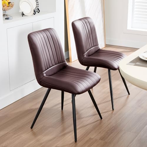 Image of Dining Chairs Set of 3, Modern Dining Chairs with Thick Cushions, PU Leather Upholstered Kitchen Dining Room Chairs with Metal Legs for Dining Living Room (Dark Brown)