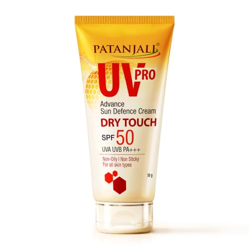 Image of Patanjali UV Pro Advance Sun Defence Cream SPF 50 PA+++50g, Dry Touch, Non-Oily, Non-Sticky Sunscreen for All Skin Types, Ayurvedic Sunblock, Broad Spectrum UVA /UVB Protection Pack of 1