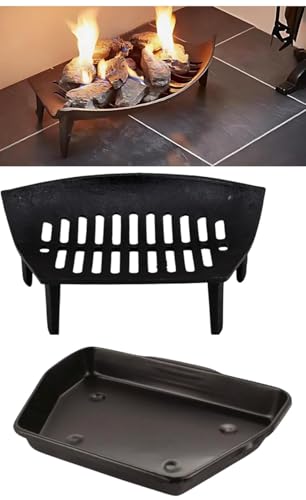 ADEPTNA Heavy Duty 16 Cast Iron Open Fire Grate with Traditional 11 Ash Pan Log Coal & Wood Fireplace Grate & Galvanised Ash Tray Durable Heat-Resistant