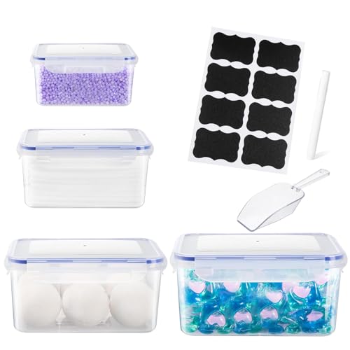 Gzsekken Laundry Pods Storage Container, 4 Pack Washing Pods Powder Storage Container with Clips & Lids, Plastic Storage Box 8 Labels for Laundry Detergent, Dryer Sheet, Scent Beads, Bath Bombs
