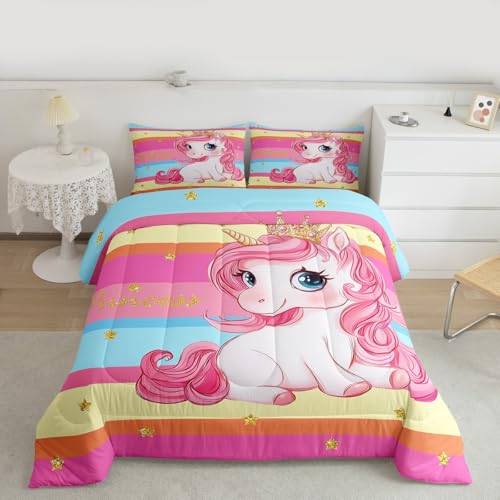Image of Erosebridal Pink Unicorn Full Bed Comforter Set for Girls | Princess Rainbow Unicorn Bedding Set Cute Stars Striped Bed Sets Girly Cartoon Horse Quilt Comforter Fantasy Girls Room Decor,3 Pcs