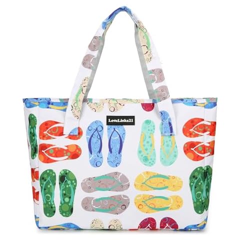 Lovelinks21 Beach Bag for Women Large Waterproof Sandproof Beach Pool Bag Casual Travel Beach Tote Bag with Pockets (Slippers) Cover