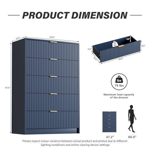Image of Furniway Blue Dresser for Bedroom, Modern Dresser with 5 Drawers and Smooth Slides, Wide Chest of Drawers with Golden Handles for Bedroom, Living Room, Closet, 15.7 inch D x 31.5 inch W x 47.2 inch H