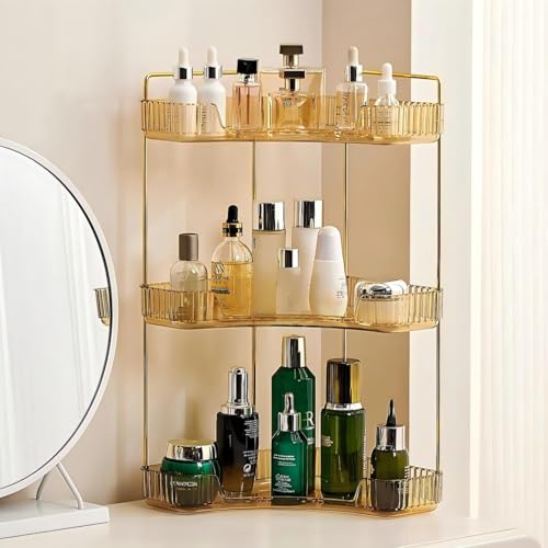 Ceruaxb 3-Tier Corner Bathroom Counter Organizer Plastic Countertop Makeup Organizer Large Capacity Vanity Bathroom Perfume Shelf Rack for Kitchen Office Desktop (Amber)