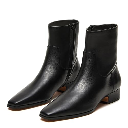 Atsroel Black Ankle Boots For Women Square Toe Fall Booties Chunky Low Heel Side Zip Combat Mid Calf Booties Short Riding Motorcycle Boots Size 8