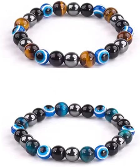 Triple Protection Bracelet, Evil Eye Tiger Eye and Black Obsidian 8mm Beads Bracelet for Men Women, Healing Bracelet Bring Luck and Prosperity, Happiness(Blue)