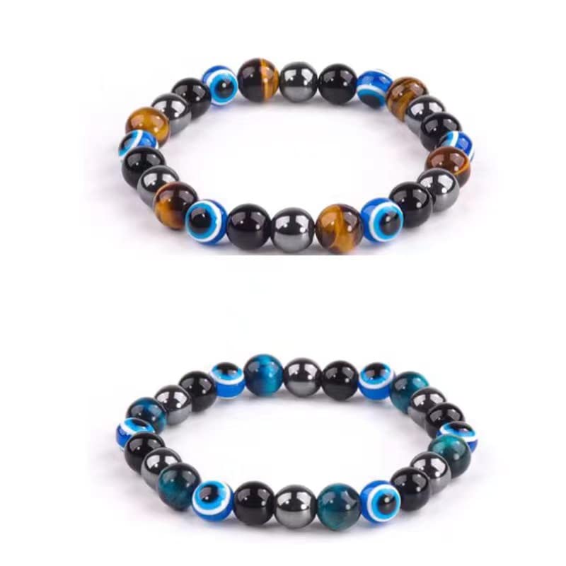 Image of Evil Eye Bracelet for Men Women - Triple Protection Bracelet - Tiger Eye and Black Obsidian Chakra Energy Healing Bracelet - 8mm Beads Good Luck Prosperity and Happiness Crystal Jewelry Stone