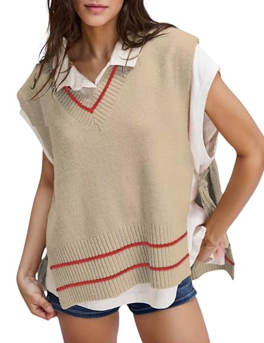 Image of Women's V Neck Sweater Vest Loose Knit Sleeveless Poncho Side Binding Fringe Pullover Tank Tops