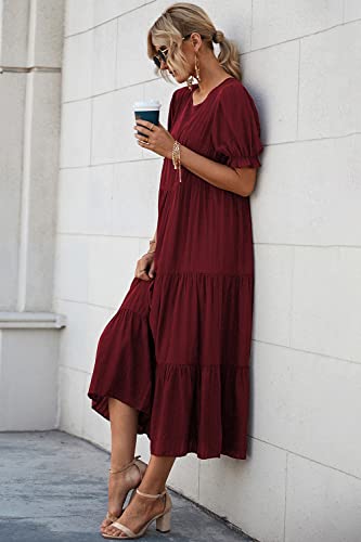 Image of PRETTYGARDEN Women's Short Sleeve Midi Floral Dress | Long Flowy Boho Sun Dresses, Tiered A Line, Elastic Waist, Casual Spring Summer Outfits for Beach Wedding, Vacation, Cruise