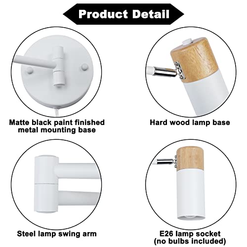 Plug In Wall Sconces, Swing Arm Wall Lamp With Plug In Cord For Bedroom, Living Room, Nordic Modern Wall Mounted Reading Light Fixture, Rotatable Wood Base Metal Cylinder Lampshade, White (No Bulb) #TOP6