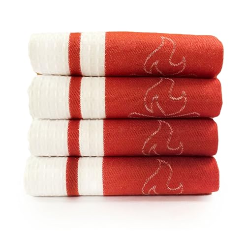 Premium Heat Resistent Kitchen Towels by Carlo Lamperti Italy 27x22 (4 Pack) for Handling Pots Pans Folded Restaurant-Grade Machine Washable Eco Friendly Recycled Cotton Poly Durable Hanging Loop Red