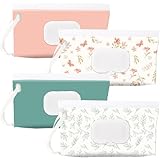 FEBSNOW 4 Pack Baby Wipes Dispenser Holder, Portable Refillable Baby Wet Wipes Pouch Container Reusable Travel Case for Outdoor Hiking, Green Leaves