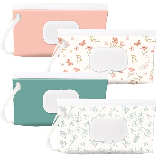 FEBSNOW 4 Pack Baby Wipes Dispenser Holder, Portable Refillable Baby Wet Wipes Pouch Container Reusable Travel Case for Outdoor Hiking, Green Leaves