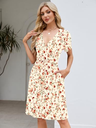 Image of Naggoo Womens Summer Dresses for Women 2026 Spring Floral Sundress Short Sleeve V Neck Wrap Dress with Pockets