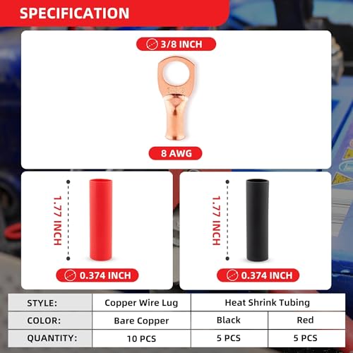 RED WOLF 10 Pack 8 Gauge x 3/8" Copper Wire Ring Terminals Connector Lug Battery Cable Ends Stud W/3:1 Heat Shrink Tubing Tube Black & Red Each 5 PCS for Electrical Vehicle Boat Marine by RED WOLF - Image 3