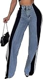 KELYWELL Women's Color Block High Waisted Jeans Wide Leg Stretchy Buttoned Denim Pants Patchwork Stripes Baggy Jeans (Blue Black,Medium)