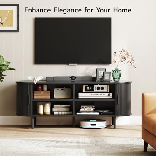 Image of ONBRILL 55 inch TV Stand with Power Outlet for TVs up to 60 Inch, Entertainment Center with Storage and Adjustable Shelves, Modern Media Console with Sliding Doors for Living Room, Black
