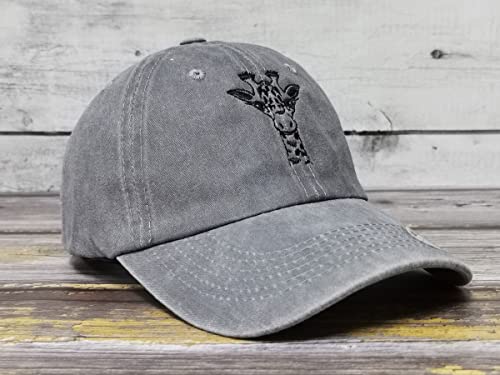 Embroidered Giraffe Baseball Cap For Men Women, Embroidery Soft Cotton Dad Hat, Washed Grey Wild Animals Snapback Trucker Hat #TOP1