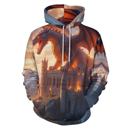 Sweat à capuche homme imprimé 3D motif dragon fantastique streetwear beige