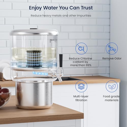 Gravity-Fed Stainless Steel Countertop Water Filtration System 2.25G, Elarisey™ Filtration Technology, Reduces Heavy Metals, PFOA & PFOS, and Meets SGS Standards thumbnail 3