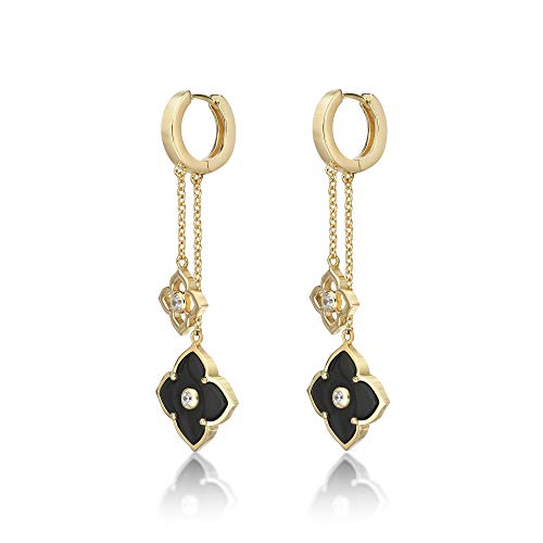 Black Onyx Flower Dangle Drop Earrings for Women in 925 Sterling Silver with Yellow Gold Plating Hinge Post by Lavari Jewelers2