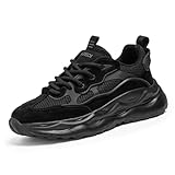 Netehadi Men's Fashion Breathable Mesh Leather Lace Up Platform Sneakers Casual Non Slip Round Toe Driving Walking Tennis Running Sneakers (Black,8)