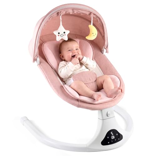 Electric Baby Swing with Remote Control - 5 Natural Motion Speeds, Detachable Seat Pad | Portable Infant Swing for Indoor/Outdoor Use (0-12M, 20lbs) (Pink)