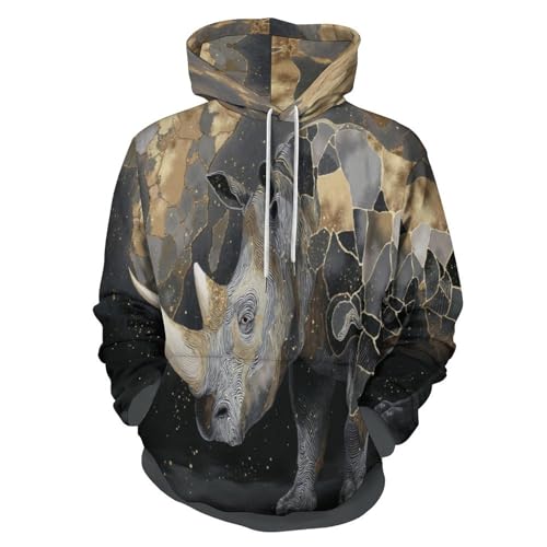 UOMSKTY Hoodie Herren 3D Abstrakt Nashorn Bequemes Langarm Pullover mit Kapuze,Unisex Paar Sweatshirts für Männer, Karte Von Afrika Oversize Kapuzenjacke Kordelzug Hoody mit Tasche