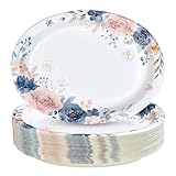 50Pcs Navy Blue Pink Floral Oval Paper Plates 10' x 12' Large Disposable Heavy Duty Watercolor Floral Plant Paper Platters Vintage Flower Dinner Plates for Boho Spring Flowers Blossom Party Supplies