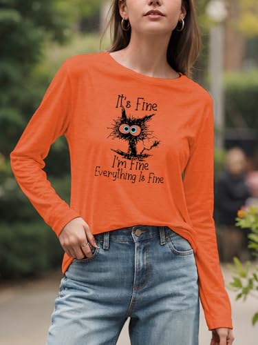 Women's I'm Fine Everything is Fine T-Shirts Long Sleeve Sayings Loose Fit Casual Cute Cat Graphic Crew Neck Tee Blouse Tops3