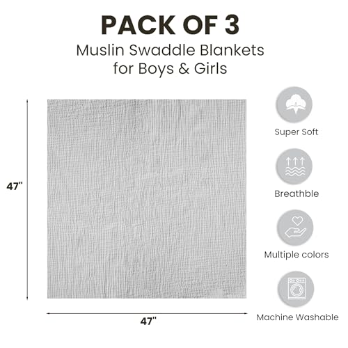 Image of Konssy 3 Pack Muslin Swaddle Blankets for Unisex, Newborn Receiving Blanket, Large 47 x 47 inches, Soft Breathable Muslin Baby Swaddles for Boys & Girls