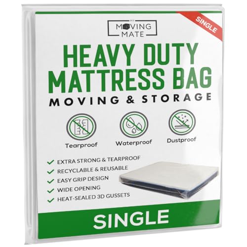 Mattress Bags For Moving & Storage (Single) - Heavy Duty Single Size Mattress Cover for Moving House & Self Store - Plastic Mattress Protector Bag - Strong Reusable Tearproof - 3ft