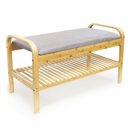 RoyalHouse Bamboo Bench with Cushioned Seat and Storage Shelf, Perfect Storage Bench for Living Room, Closet, Entryway, Bedroom
