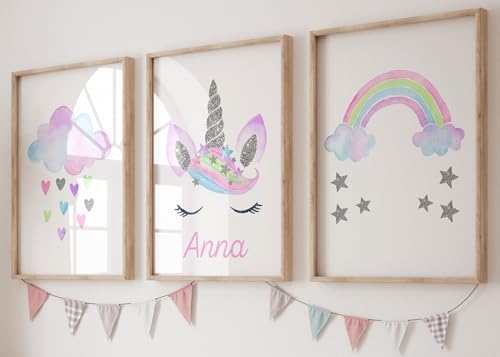 Unicorn Rainbow Cloud Wall Art Set of 3 – Unframed A4 Prints for Girls’ Room
