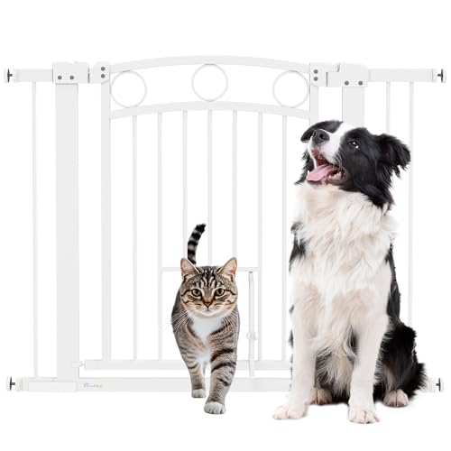 PawHut Stair Gate, 77cm Extra Tall Dog Gate with Adjustable Width, 76-104cm Pressure Fit Safety Gate with Cat Door, 7cm and 14cm Extensions, for Stairs, Doorways, Easy Installation, White