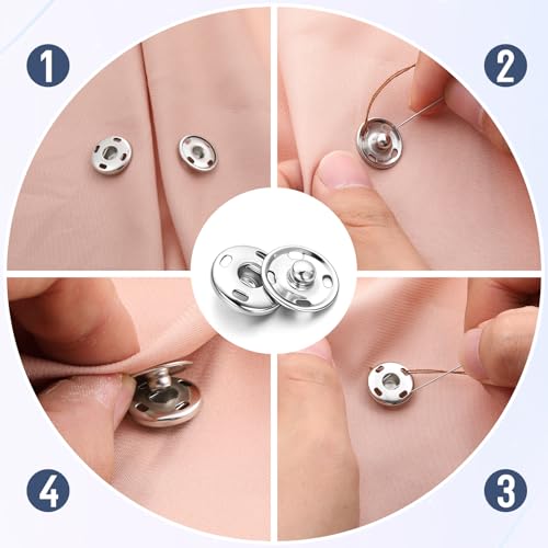 6 Sets Sew on Snap Buttons, Rustproof Metal Sew on Snaps Buttons Silver Metal Snap Button Fasteners Press Studs for Sewing Clothes Jackets Jeans Shirt Bags DIY Crafts (15mm)